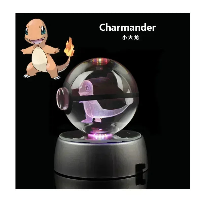 Pokemon Crystal Ball 3D Toys Snorlax Mewtwo Pikachu Figures Pokémon Engraving Model with LED Light Base Kids Gift Collectable