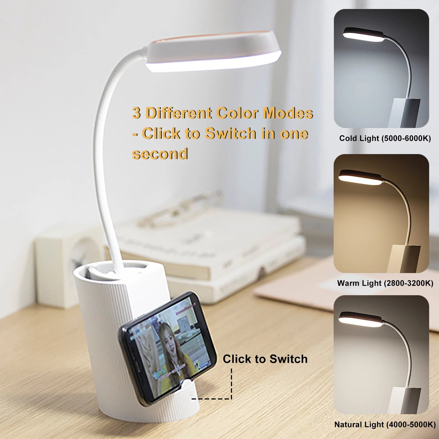 Small Desk Lamp with USB Port Rechargeable LED Desk Light with 3 Modes Dimmable