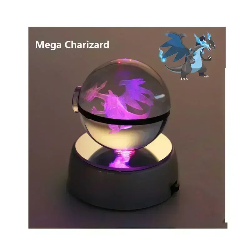 Pokemon Crystal Ball 3D Toys Snorlax Mewtwo Pikachu Figures Pokémon Engraving Model with LED Light Base Kids Gift Collectable