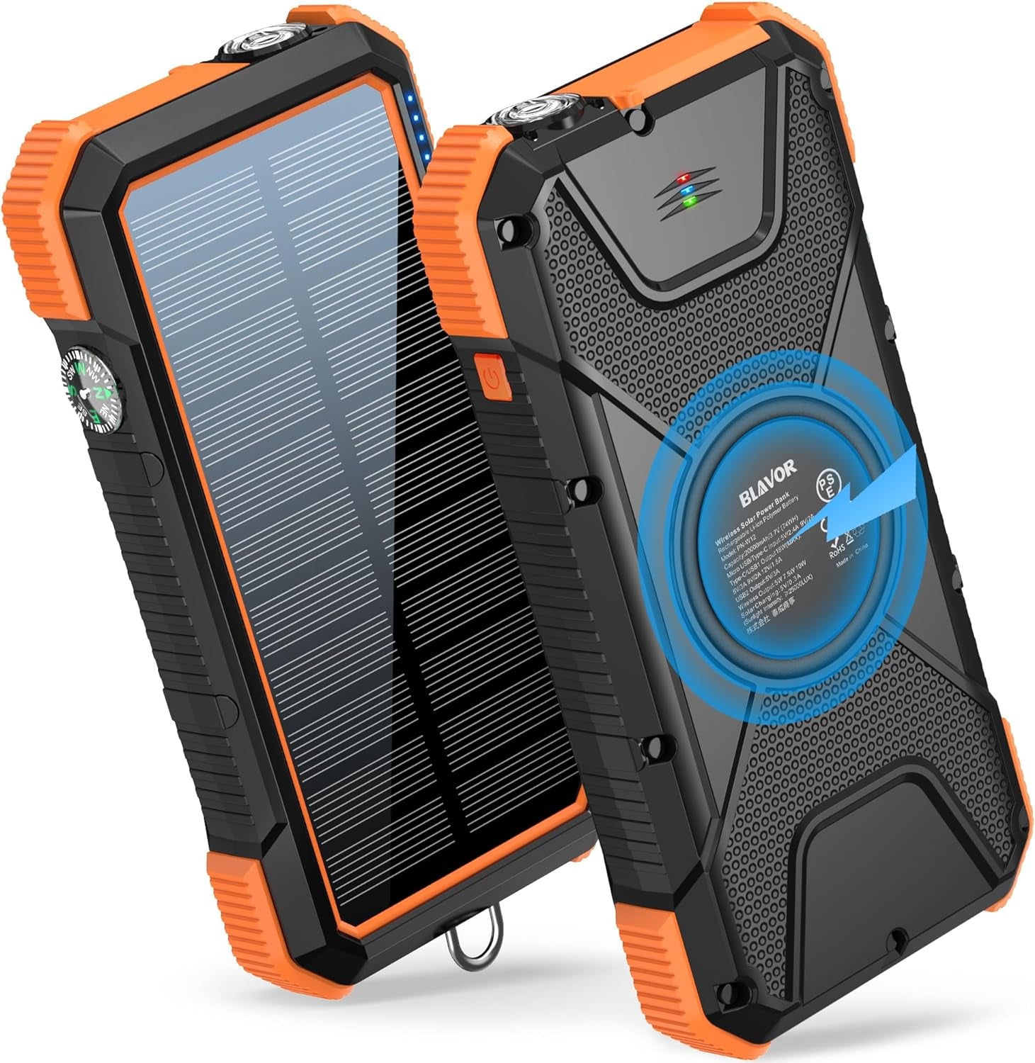 Solar Power Bank, PD18W QC3.0 Fast Charging 10W Wireless Charger 20000Mah Solar Powered Powerbank with Type C Input/Output, IPX5 Waterproof, Camping Flashlight, Compass, Carabiner