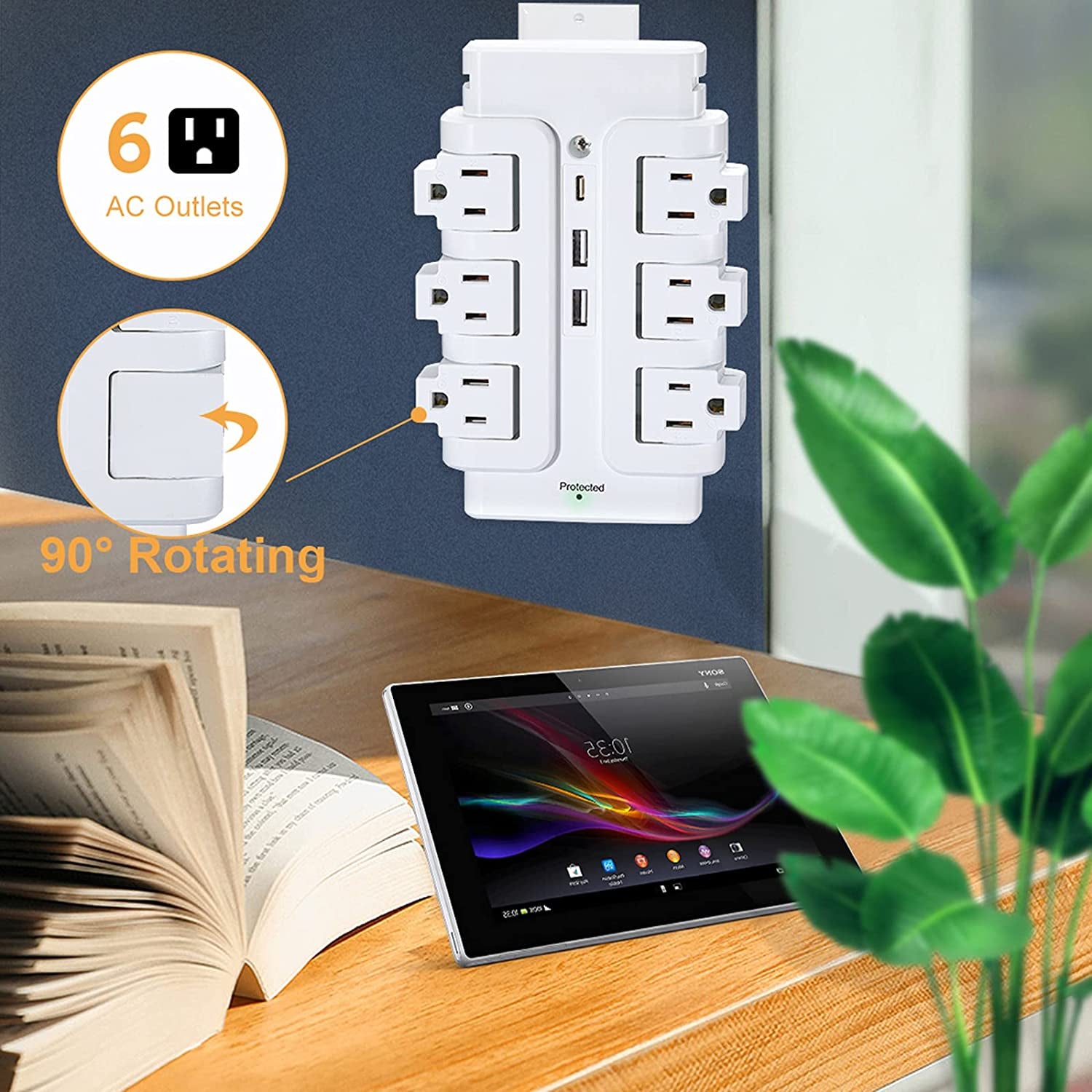 Multi Plug Outlet Extender, 6 Rotating Outlets & 3USB(2A1C) Charger Station, 15A,125V, 1875W, 540J, Wall Surge Protector for Travel Hotel Office Home, White