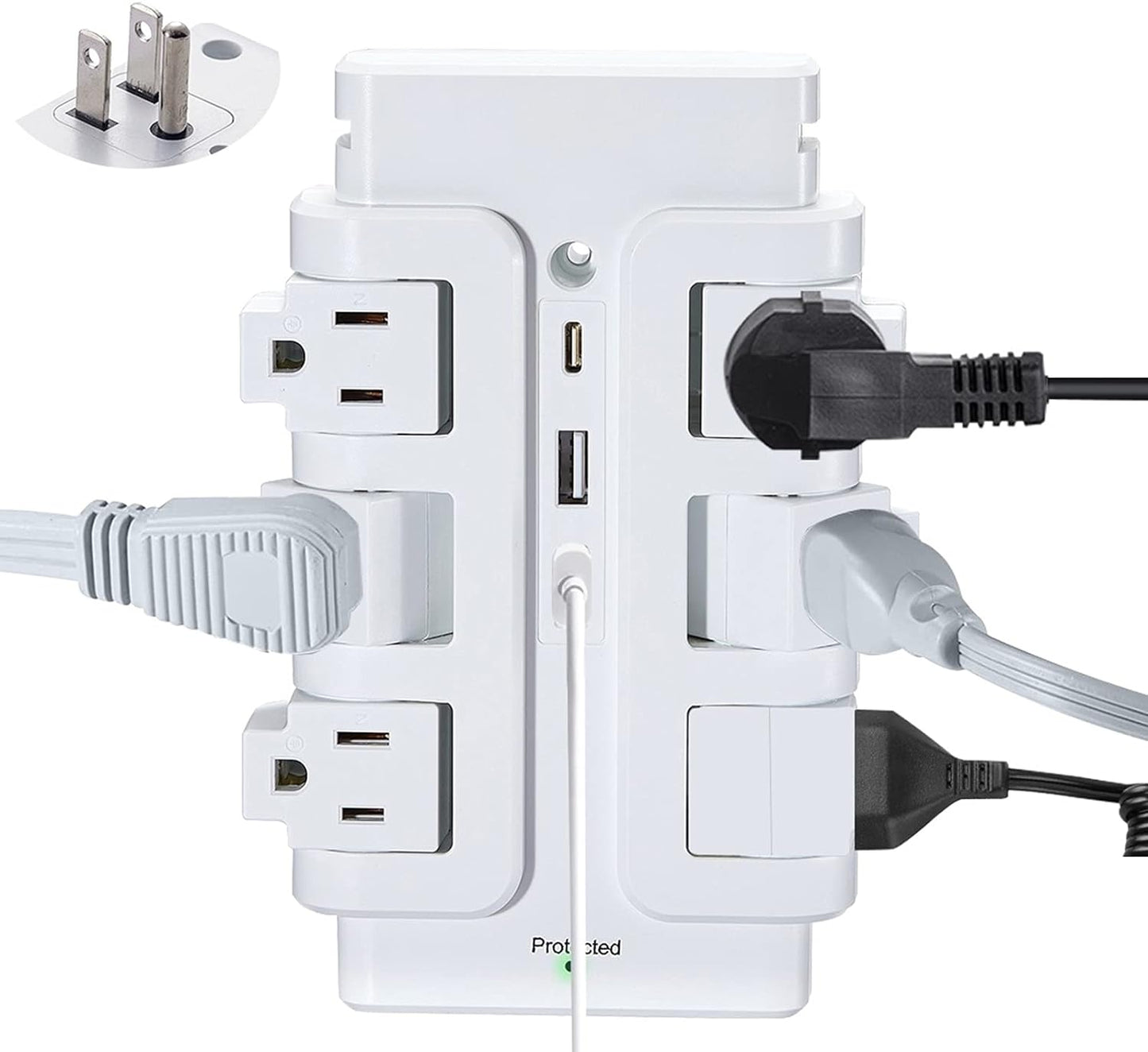 Multi Plug Outlet Extender, 6 Rotating Outlets & 3USB(2A1C) Charger Station, 15A,125V, 1875W, 540J, Wall Surge Protector for Travel Hotel Office Home, White