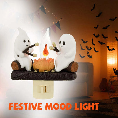 Cute Ghost Campfire Night Light Halloween Pumpkin Flickering Room Decorations Night Lights Dusk to Dawn Led Lamp Plug into Wall