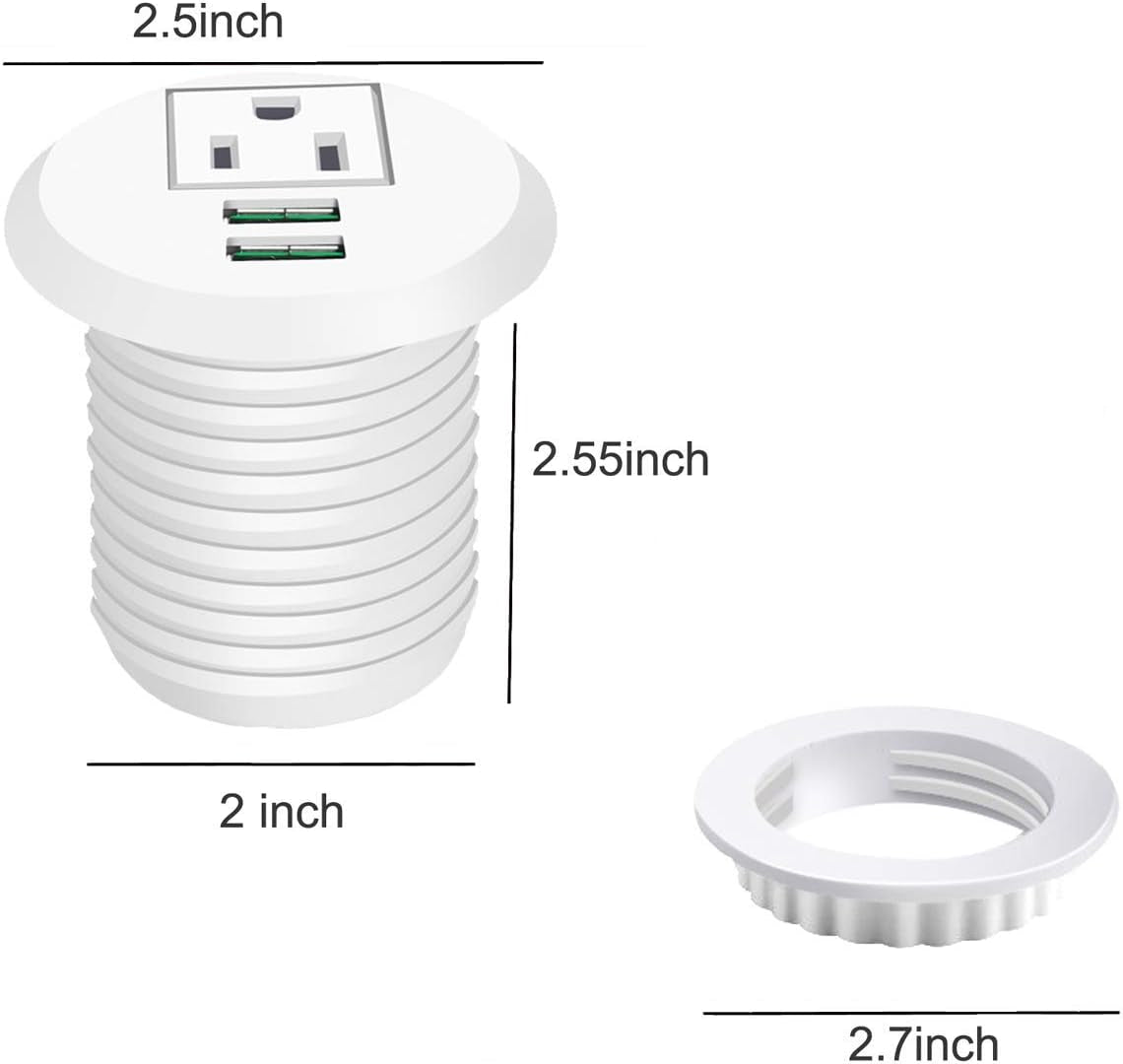 Desktop Power Grommet,Desk Grommet Outlet 2 Inch Hole,Power Grommet with USB, Easy Access to 1 Power Source along with 2 USB Power Port Connections(White)