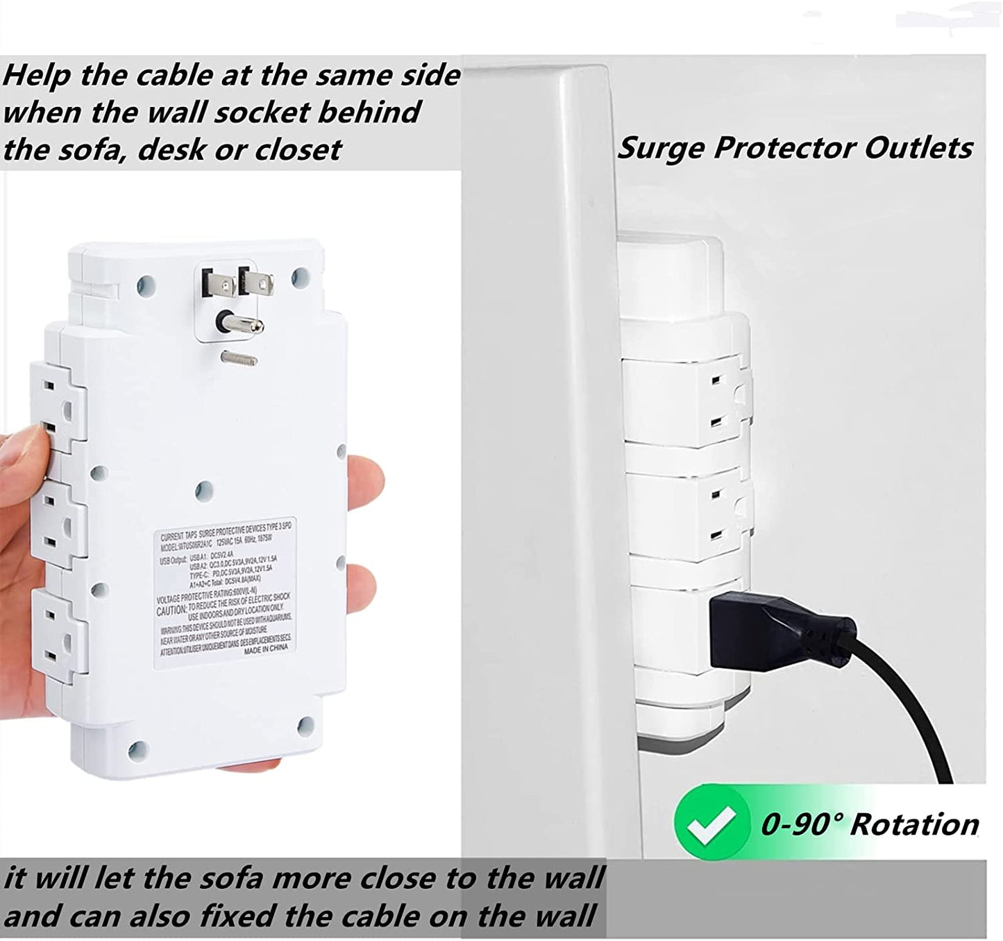 Multi Plug Outlet Extender, 6 Rotating Outlets & 3USB(2A1C) Charger Station, 15A,125V, 1875W, 540J, Wall Surge Protector for Travel Hotel Office Home, White