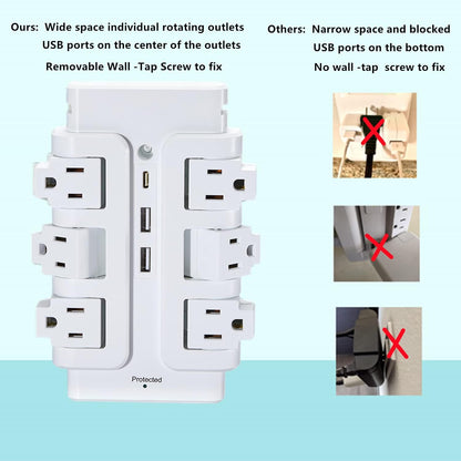 Multi Plug Outlet Extender, 6 Rotating Outlets & 3USB(2A1C) Charger Station, 15A,125V, 1875W, 540J, Wall Surge Protector for Travel Hotel Office Home, White