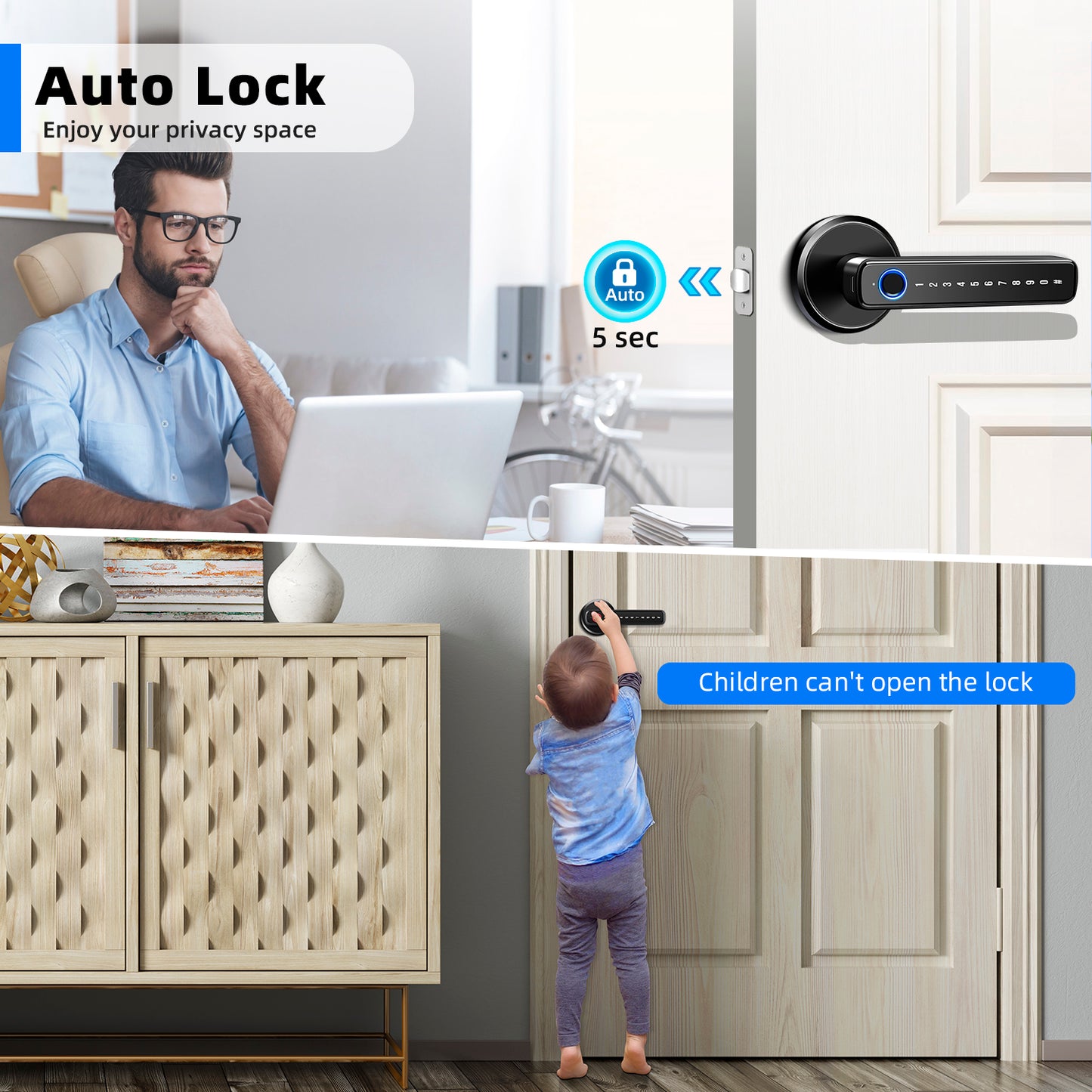 Smart Door Lock,Keyless Entry Door Lock with Handle,Fingerprint Door Lock with Tuya App,Smart Door Knob with Key for Home Bedroom