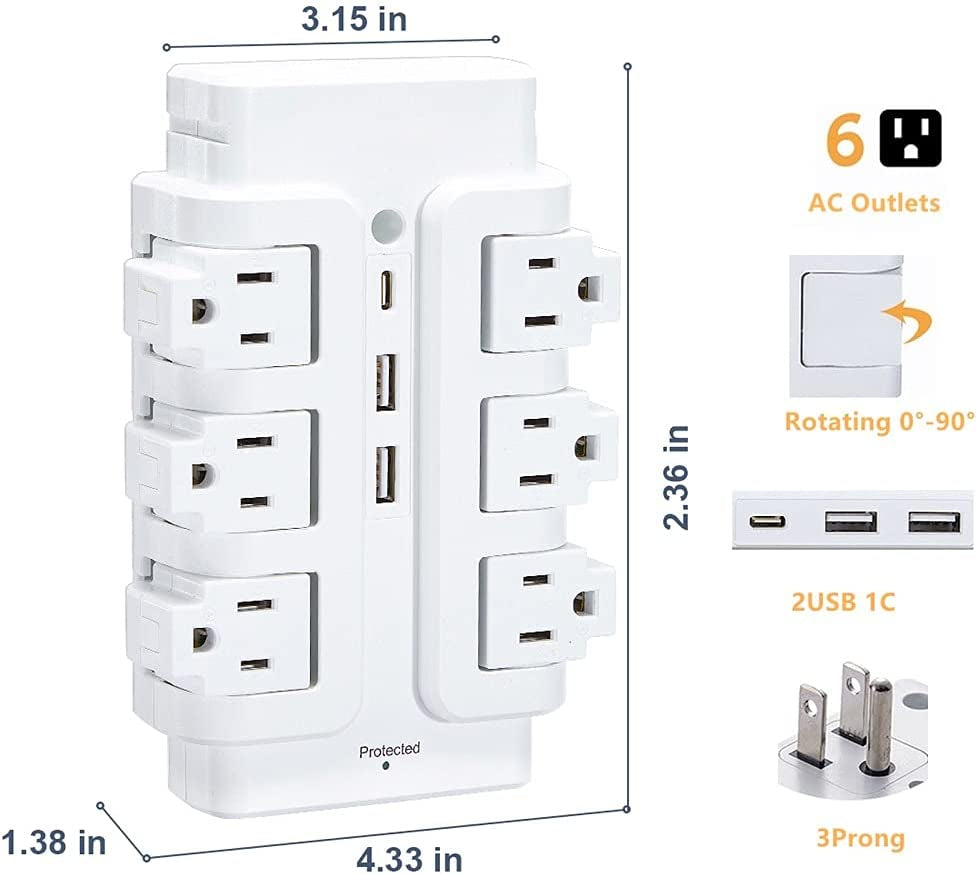 Multi Plug Outlet Extender, 6 Rotating Outlets & 3USB(2A1C) Charger Station, 15A,125V, 1875W, 540J, Wall Surge Protector for Travel Hotel Office Home, White