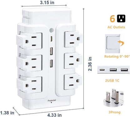 Multi Plug Outlet Extender, 6 Rotating Outlets & 3USB(2A1C) Charger Station, 15A,125V, 1875W, 540J, Wall Surge Protector for Travel Hotel Office Home, White