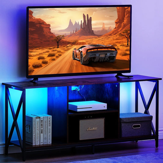 TV Stand for TV up to 65 Inches, TV Console Table with Led Lights & Power Outlets, Black