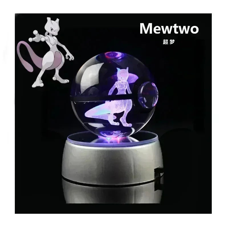 Pokemon Crystal Ball 3D Toys Snorlax Mewtwo Pikachu Figures Pokémon Engraving Model with LED Light Base Kids Gift Collectable