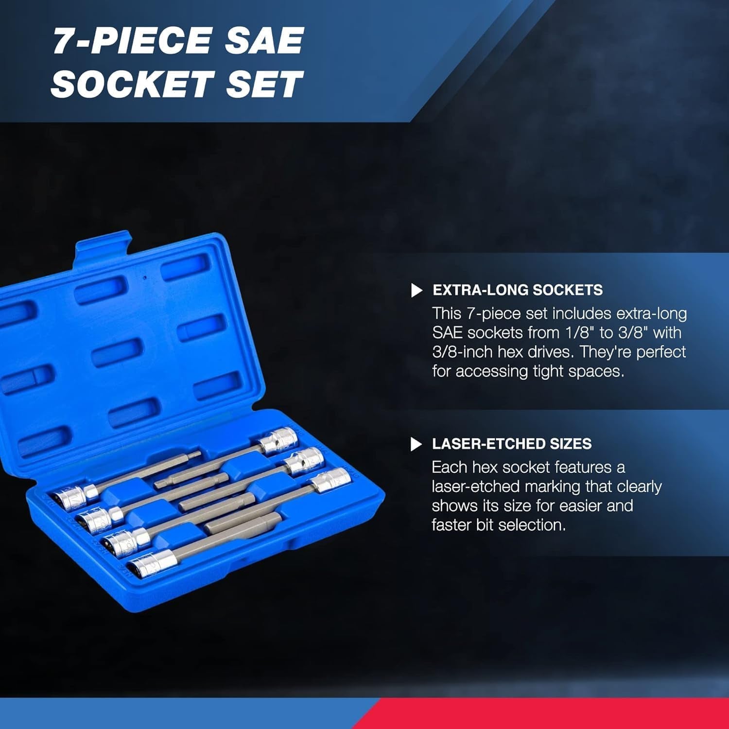 10072A 3/8-Inch Drive Extra Long Allen Hex Bit Socket Set, SAE, 1/8-Inch - 3/8-Inch | S2 and Cr-V Steel, 7-Piece Set