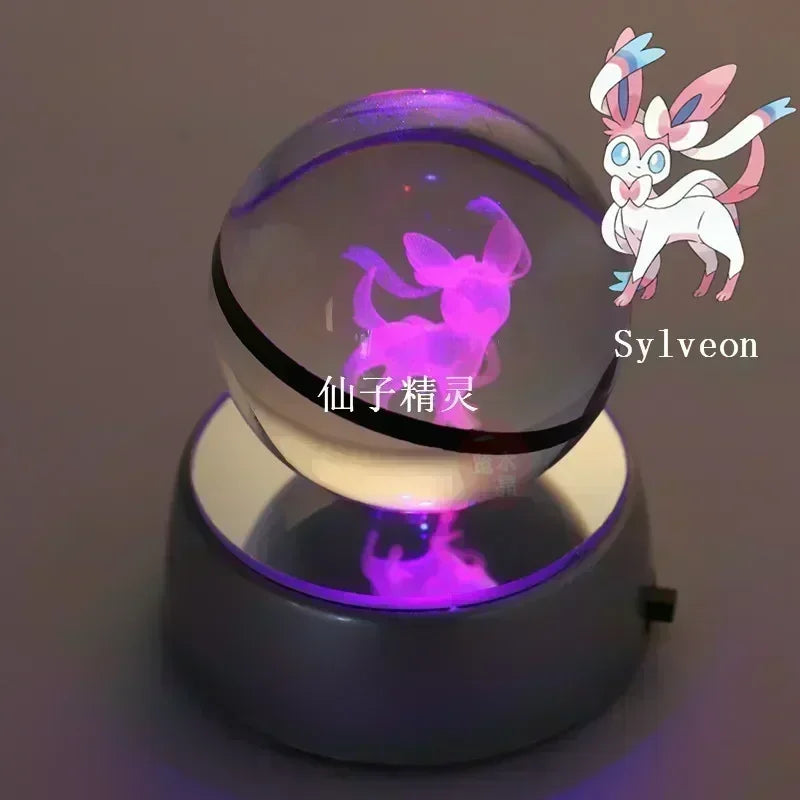 Pokemon Crystal Ball 3D Toys Snorlax Mewtwo Pikachu Figures Pokémon Engraving Model with LED Light Base Kids Gift Collectable