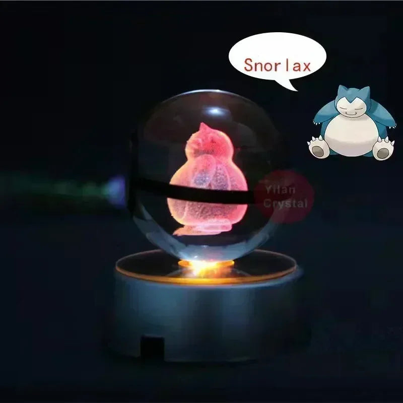 Pokemon Crystal Ball 3D Toys Snorlax Mewtwo Pikachu Figures Pokémon Engraving Model with LED Light Base Kids Gift Collectable