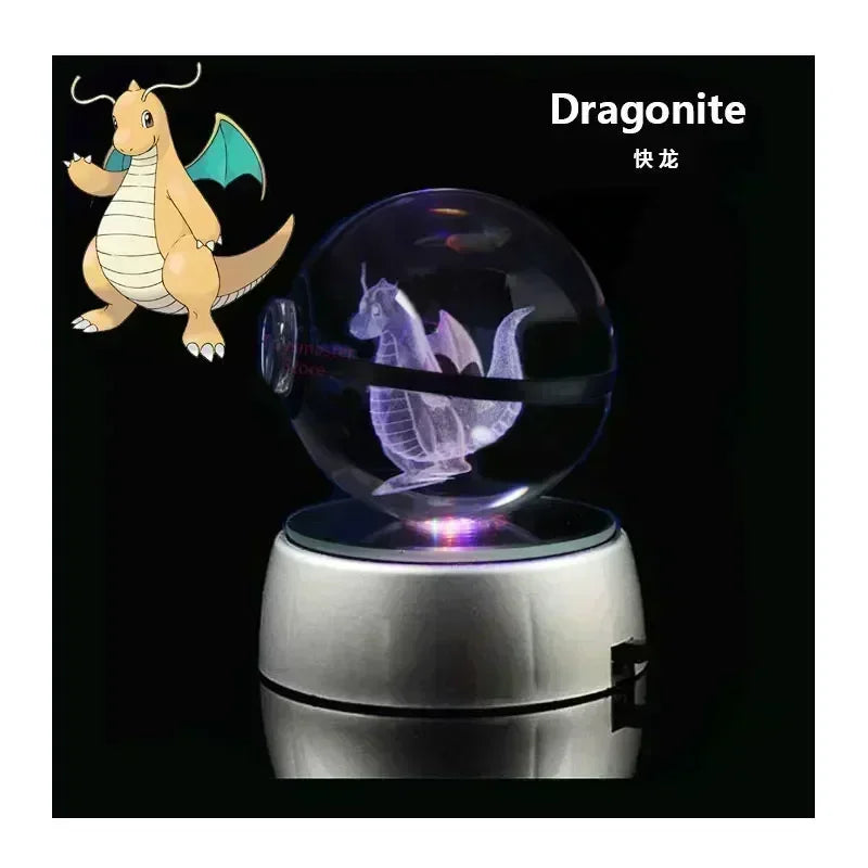 Pokemon Crystal Ball 3D Toys Snorlax Mewtwo Pikachu Figures Pokémon Engraving Model with LED Light Base Kids Gift Collectable