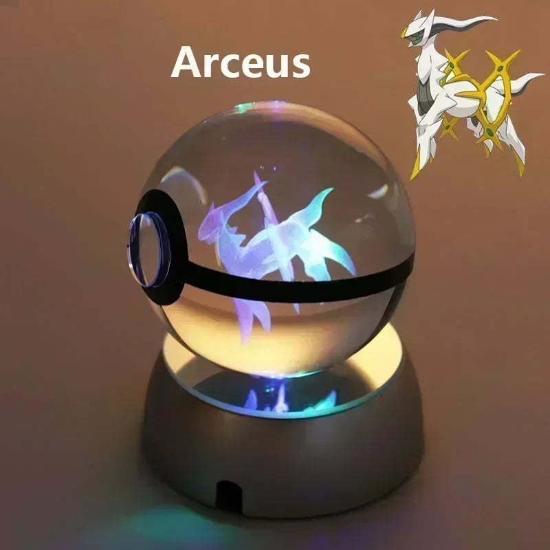 Pokemon Crystal Ball 3D Toys Snorlax Mewtwo Pikachu Figures Pokémon Engraving Model with LED Light Base Kids Gift Collectable