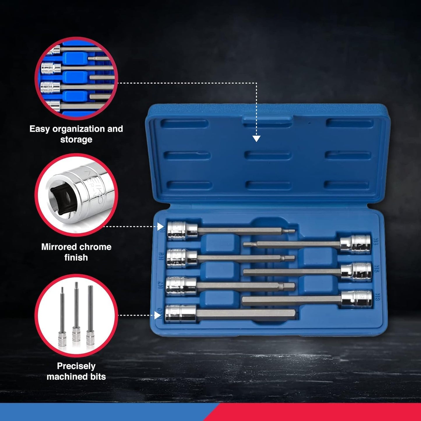 10072A 3/8-Inch Drive Extra Long Allen Hex Bit Socket Set, SAE, 1/8-Inch - 3/8-Inch | S2 and Cr-V Steel, 7-Piece Set